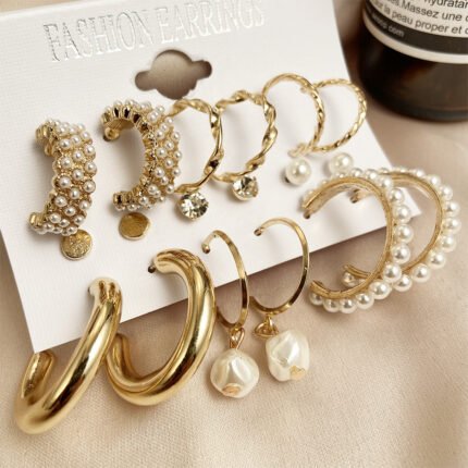 6 Pair- Korean Trendy Pearl Stud and Stone combination Earrings Set
